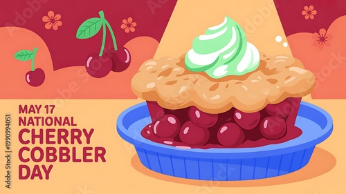 National cherry cobbler day may 17 celebratory illustration with freshly baked pie and whipped cream, celebration