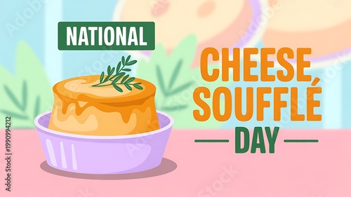 National cheese souffle day banner with gourmet baked dish in small ramekin bowl garnish with herbs, celebration
