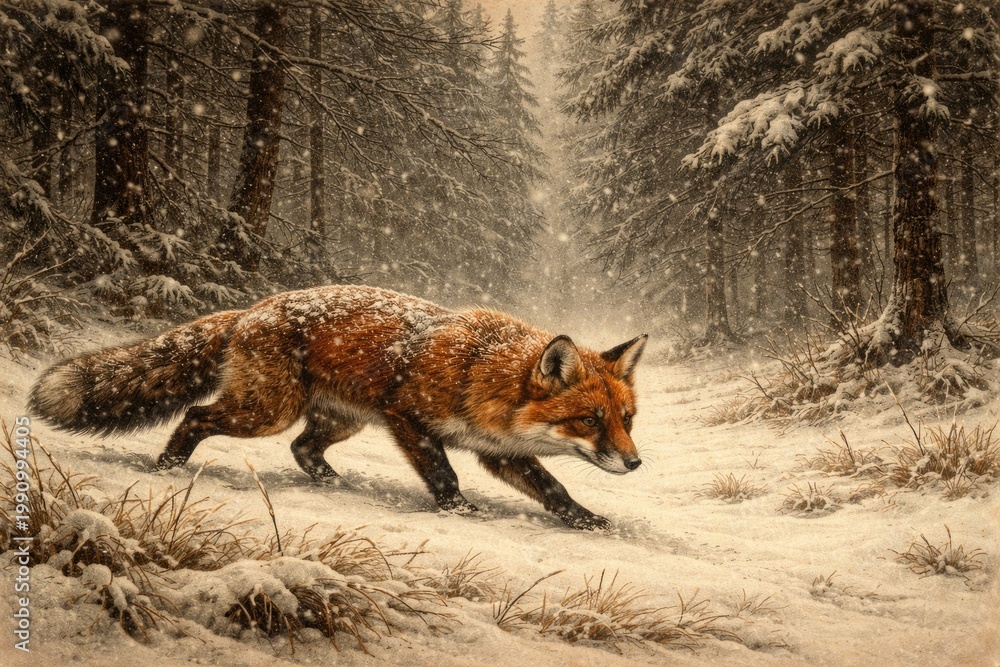 Fototapeta premium Vintage style illustration of a red fox stalking prey in a snowy forest clearing during a winter storm