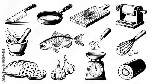16 Detailed Black Ink Cooking & Kitchen Tools Vector Set, Hand-Drawn Monochrome Food Culinary Utensils Illustration Collection