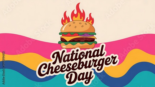 National cheeseburger day celebration concept with flaming burger illustration cheeseburger hamburger fastfood