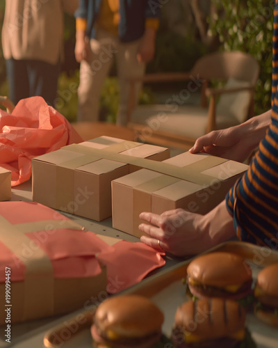 Hands Sealing Kraft Gift Boxes at Backyard Party Table