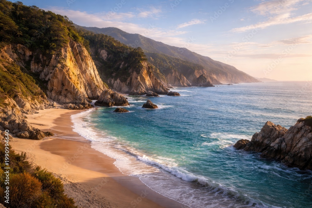 Obraz premium Serene oceanfront panorama capturing a peaceful beach and impressive cliff structures