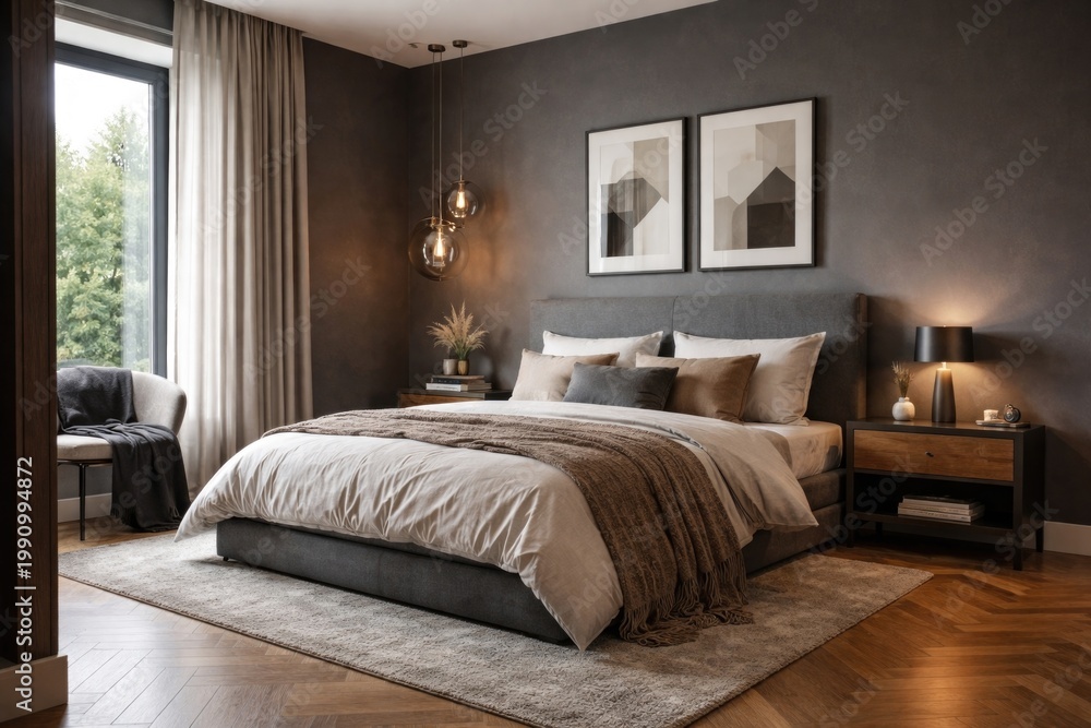 Fototapeta premium Stylish modern bedroom corner with gray walls and wooden flooring featuring a double bed