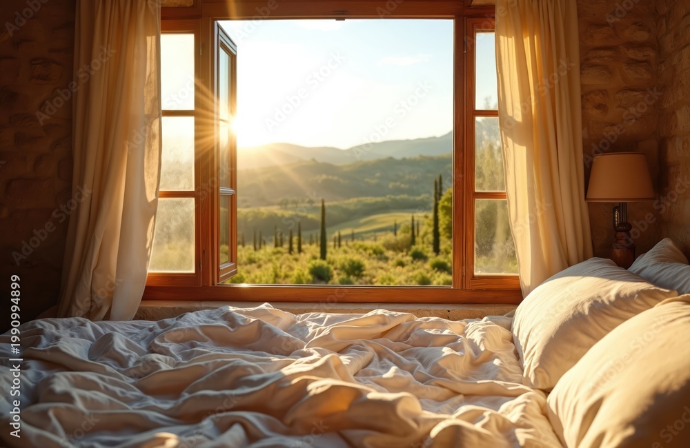 Naklejka premium Morning sun rays enter rustic bedroom through open window showing Tuscan hills and green fields. Unmade bed with crumpled white linen and pillows.