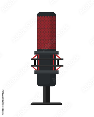 Vector illustration of a red studio microphone on stand. Professional audio equipment icon for podcasting, recording, streaming, and broadcasting.