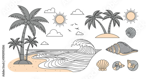 A cheerful and simple graphic of palm trees and sand, evoking a sense of relaxation and vacation bliss. Perfect for travel blogs, marketing materials,