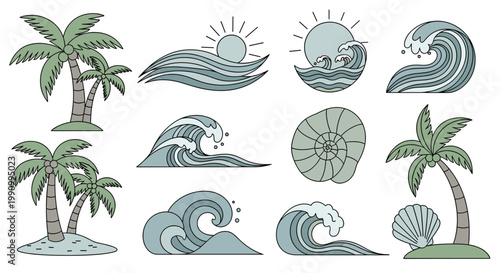 A cheerful illustration of palm trees on a small island, evokes a sense of relaxation and paradise, perfect for travel marketing or social media.