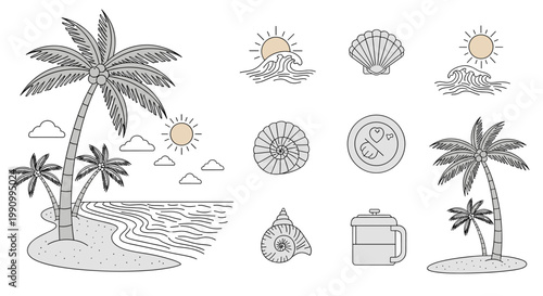 A monochrome illustration depicting a small island with palm trees, evoking feelings of tranquility and escapism, ideal for travel brochures or websit