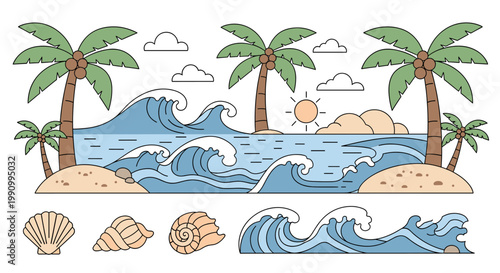 A cheerful illustration of a seashell and a tropical island, evoking feelings of relaxation and vacation bliss. Perfect for travel blogs or summer mar