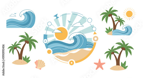 A stylized illustration evoking a serene tropical escape. Perfect for travel promotions, vacation marketing, or to create a sense of calm and relaxati