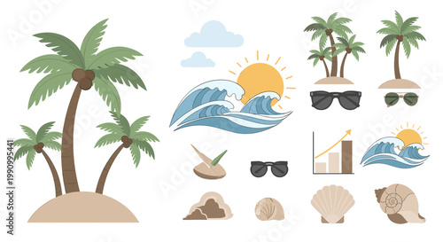 A cheerful illustration of palm trees and a sandy hill evokes a sense of relaxation and tropical getaway. Ideal for travel websites or marketing campa