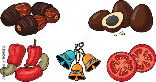 Food and objects set with dates, sapodilla, cashew fruit, tomato slices and decorative bells in colorful detailed style for packaging and illustration