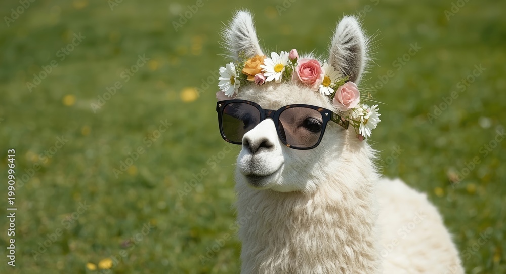Obraz premium Pet llama enjoying green grass lawn in summer day wearing fashionable glasses and flower wreath
