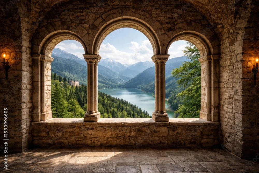 Fototapeta premium Rustic stone wall with triple arched windows showcasing panoramic views of nature in a castle hallway