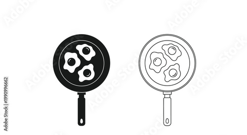 Two frying pans with eggs one filled and one outlined silhouette