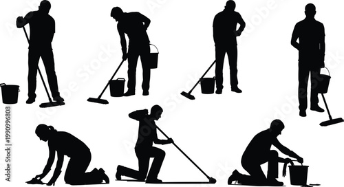 Cleaning worker silhouette vector set, mopping, scrubbing, kneeling poses with tools for hygiene, service, domestic, design, and illustration content