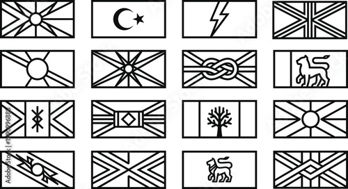 Creative black-and-white flag silhouettes with symbolic icons, geometric patterns, fictional emblems, vector illustration, cultural design elements
