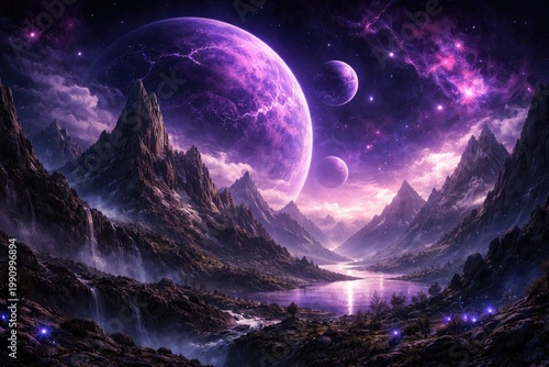 Fantasy adventure backdrop featuring purple extraterrestrial planets and dramatic mountain views