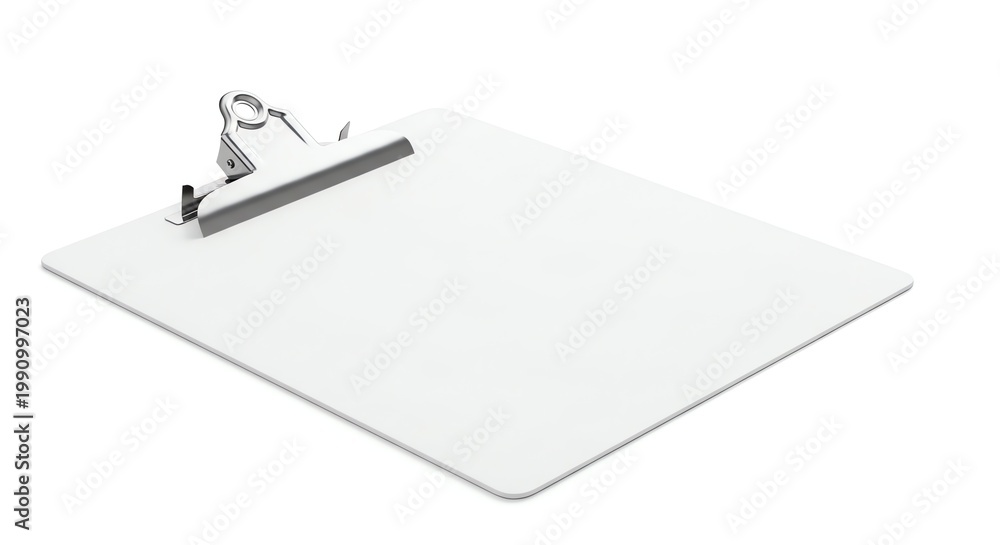 Naklejka premium Blank white clipboard with metal clip on a plain background.