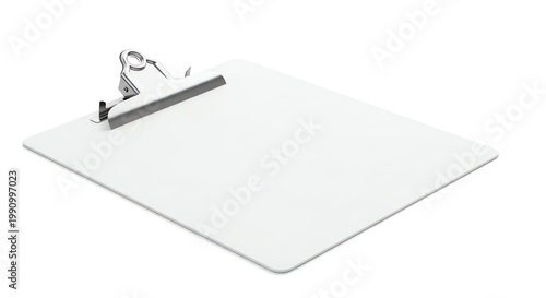 Blank white clipboard with metal clip on a plain background.