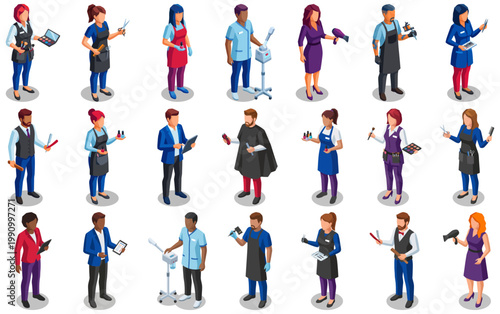 Beauty and salon professionals character set | diverse hair stylist and makeup artist collection | isometric vector people for cosmetology services