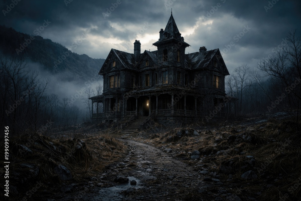 Obraz premium Abandoned spooky house standing on rugged terrain background
