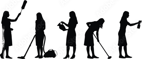 Woman cleaning silhouette vector set, household chore poses with tools for service, hygiene, domestic, design, and illustration content
