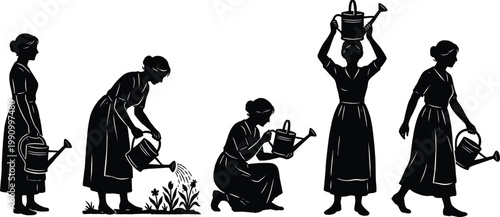 Woman silhouettes watering plants in various poses, gardening activity vector, black female figure shapes, nature care illustration