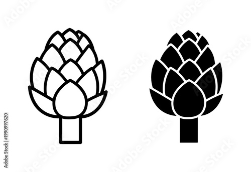 Artichoke vegetable icon set in outline and solid black style