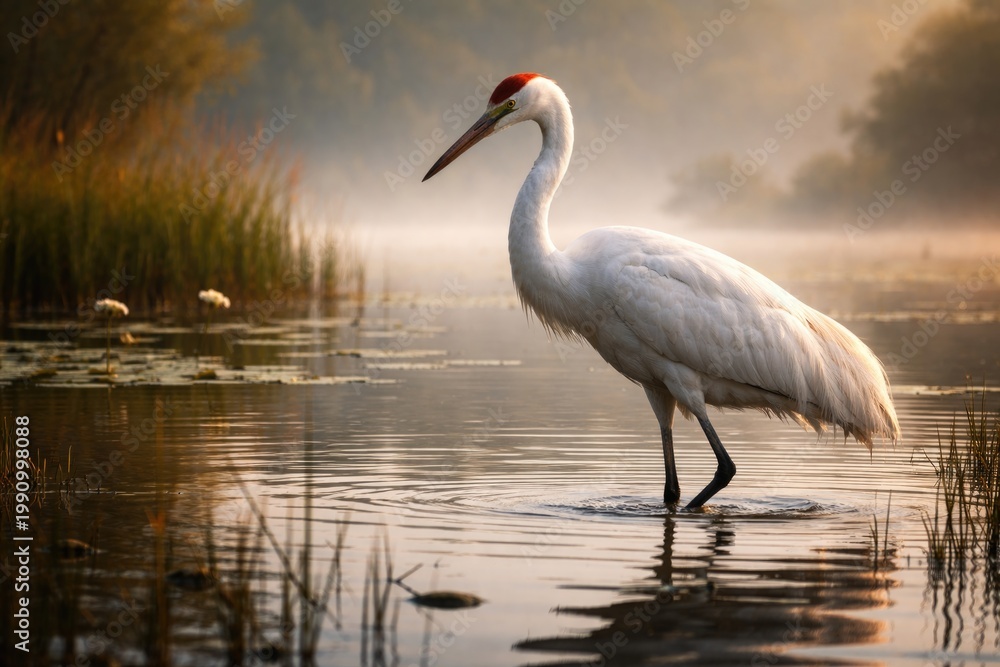 Fototapeta premium Serene scene of a crane wading through shallow water