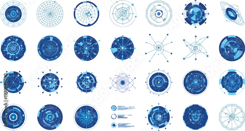 Futuristic HUD circle elements set with sci fi interface rings, radar screens and digital targets in blue tech style for UI design and game assets