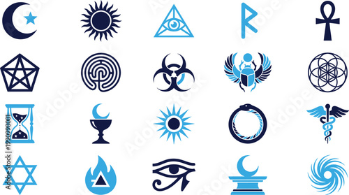 Various mystical spiritual religious symbols and esoteric signs in flat design.