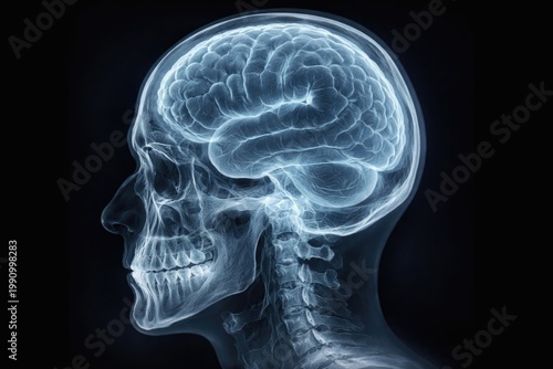 X ray imaging of human brain highlighting cranial bones