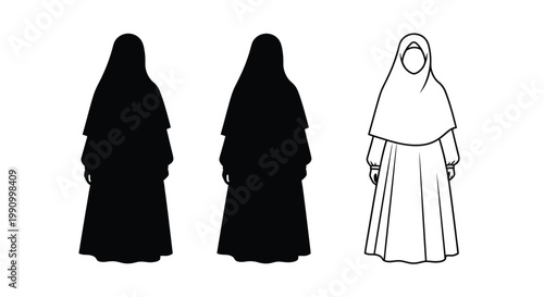 Three veiled women depicted in varying styles a striking silhouette