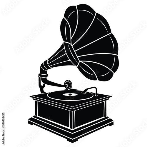 Vintage gramophone silhouette isolated on white background