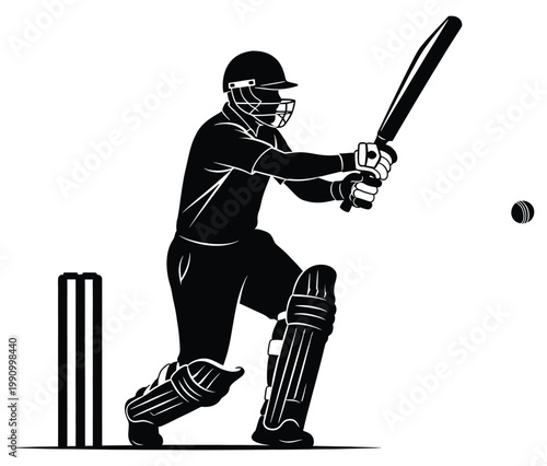 Cricket batsman hitting ball with stumps, isolated on white background