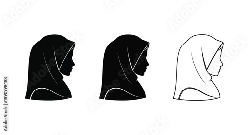 Three variations of a woman wearing a hijab shown as a silhouette