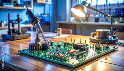 Close‑up of electronics workbench with soldering iron, breadboard circuit, and tools, symbolizing prototyping, experimentation, and technical precision.