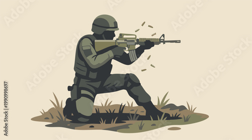Fotografi Military soldier in tactical gear kneeling and firing an assault rifle