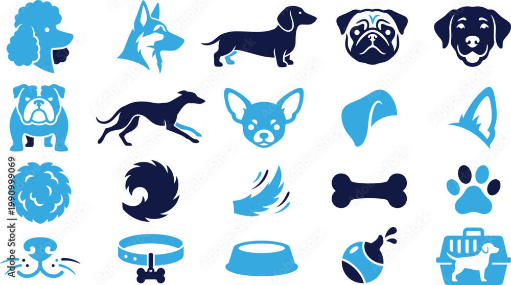 Αυτοκόλλητο Collection of dog breed icons and related objects in modern flat style