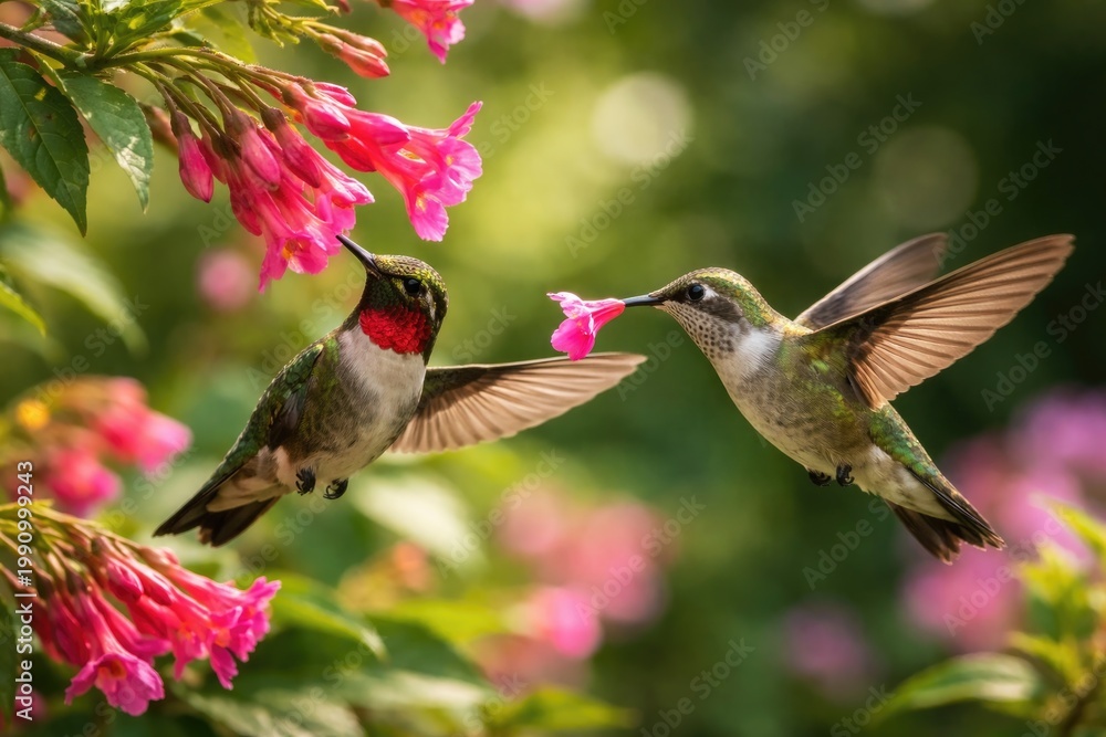 Fototapeta premium Two hummingbirds captured mid flight feeding from bright ping flowers in a natural setting