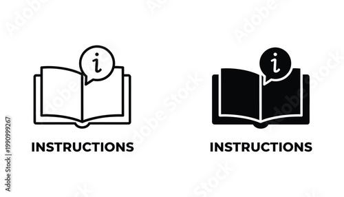 Instruction manual icon set with open book and information speech bubble symbol for user guide and help documentation interface design