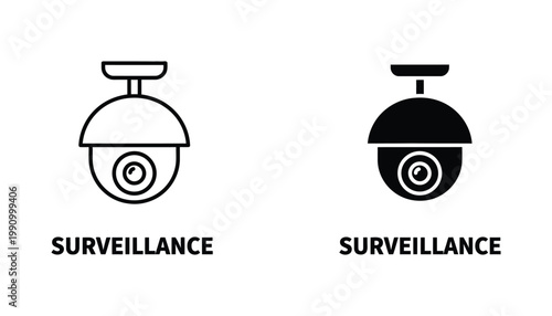 Security surveillance camera icon set depicting dome monitoring system for safety monitoring and private property protection in outline and solid black graphic styles for web and mobile applications