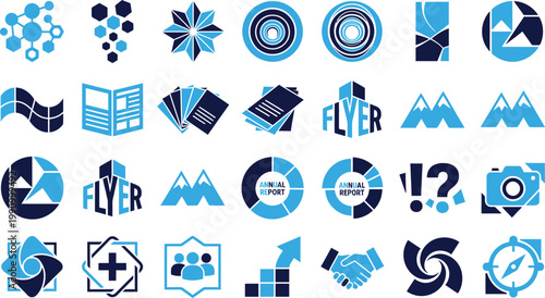 Modern abstract icons representing science business data mountains and technology concepts.