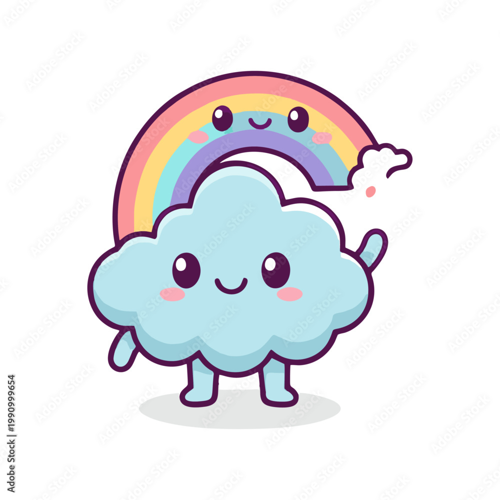 Naklejka premium Cute cartoon rainbow and cloud waving hello with happy face and rosy cheeks, illustration