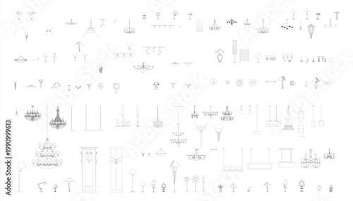 Tableau sur toile Lamps Set Collection – Modern Table, Floor and Hanging Light Fixtures Clean CAD-