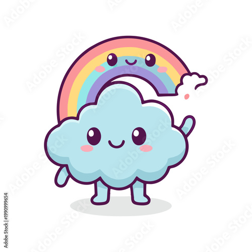 Cute cartoon rainbow and cloud waving hello with happy face and rosy cheeks, illustration