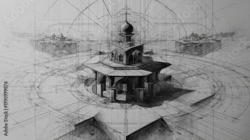 Sketchy Middle Eastern Mosque Architecture With Geometric Lines And Arches For Design Concepts