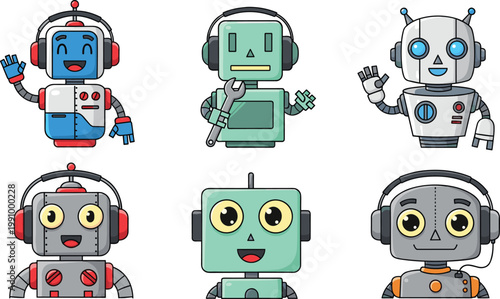Cute Cartoon Robot Character Set with Colorful Friendly AI Bots and Headphones for Kids, Stickers, Games, and Technology Designs